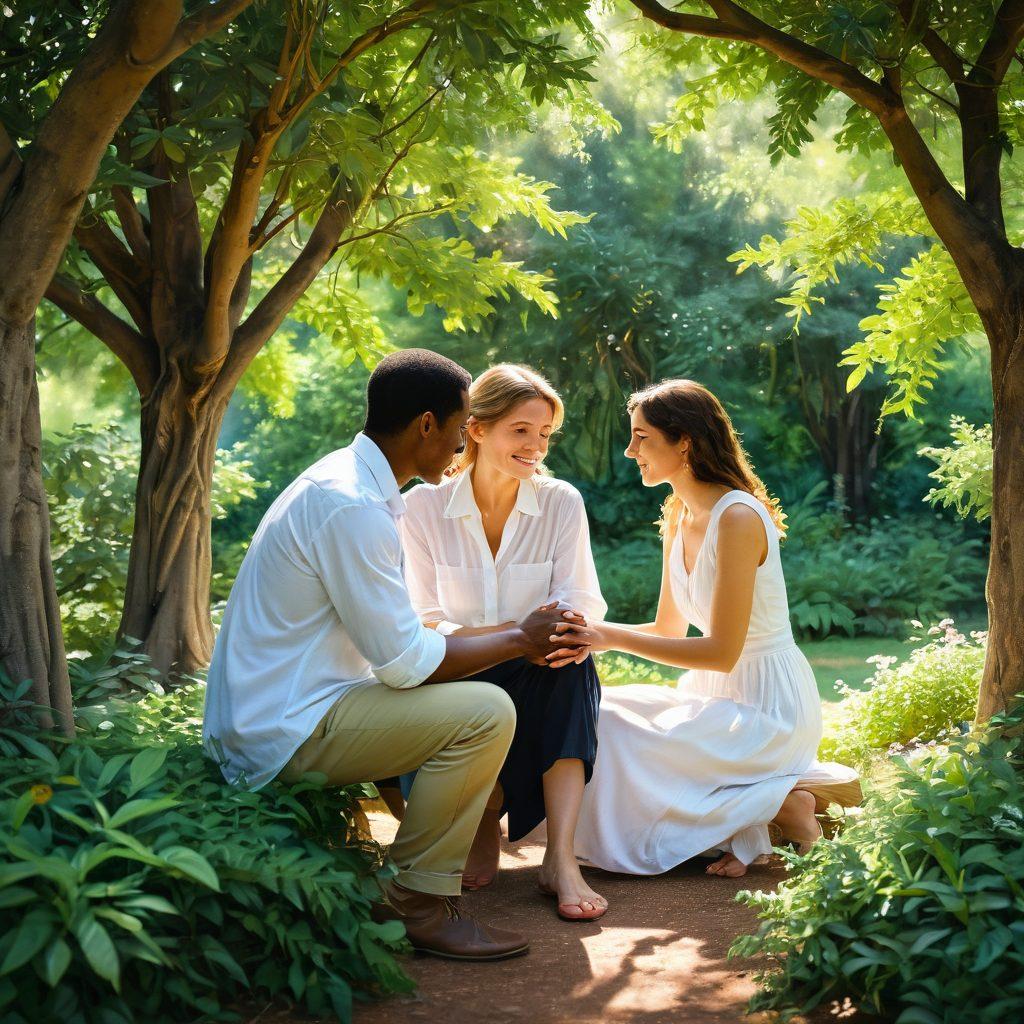 A warm, intimate scene of a couple sharing a heartfelt conversation under a canopy of lush green trees, sunlight filtering through the leaves. Include symbols of connection like intertwined hands and blooming flowers around them, signifying growth and nurturing. Emphasize soft, emotional expressions and a serene atmosphere to evoke a sense of natural intimacy. pastel colors. impressionistic style.