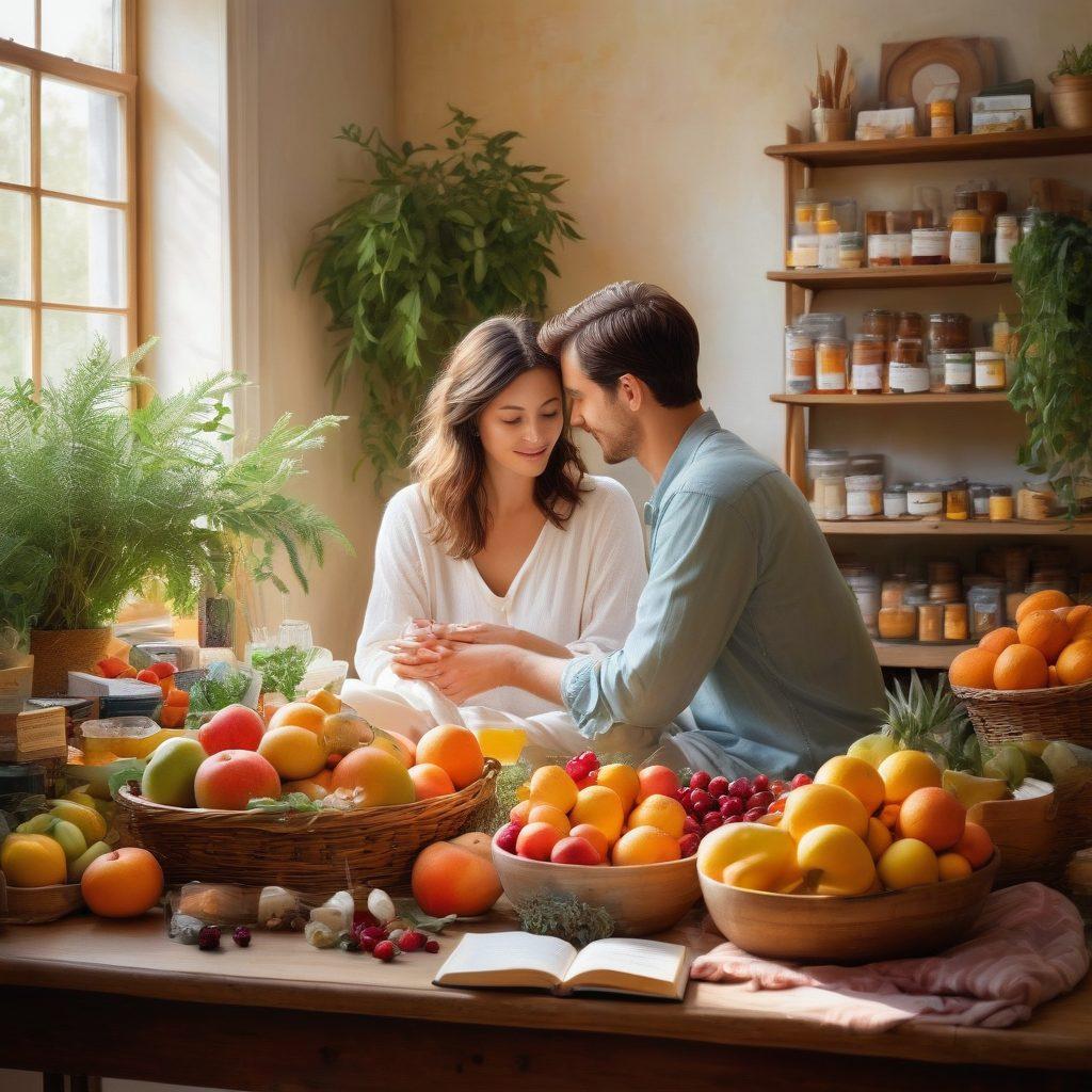 A warm, inviting scene depicting a couple sharing a serene moment while surrounded by organic products like fruits, herbs, and eco-friendly items. Soft natural lighting envelops them, symbolizing trust and intimacy, with educational books on relationships subtly placed nearby. Include delicate floral elements to evoke a sense of growth and connection. painting. vibrant colors.