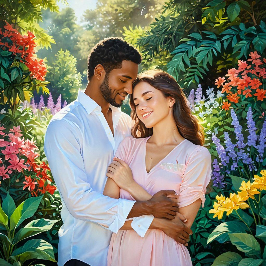 A serene couple embracing in a sunlit garden, surrounded by lush greenery and blooming flowers, symbolizing natural intimacy and connection. Soft, warm colors dominate the scene, evoking feelings of love and tranquility. Include subtle elements of holistic wellness, like crystals and essential oils in the background. Emphasize empowerment through their confident posture and smiling faces. romantic painting. vibrant colors.
